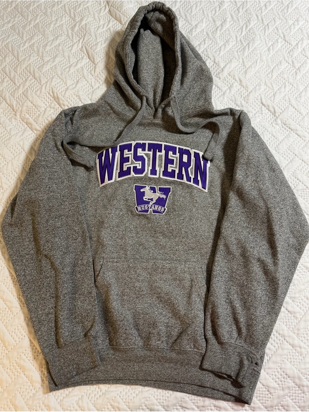 University of Western Mustangs Grey Hooded Varsity Sweatshirt Unisex Small Adult